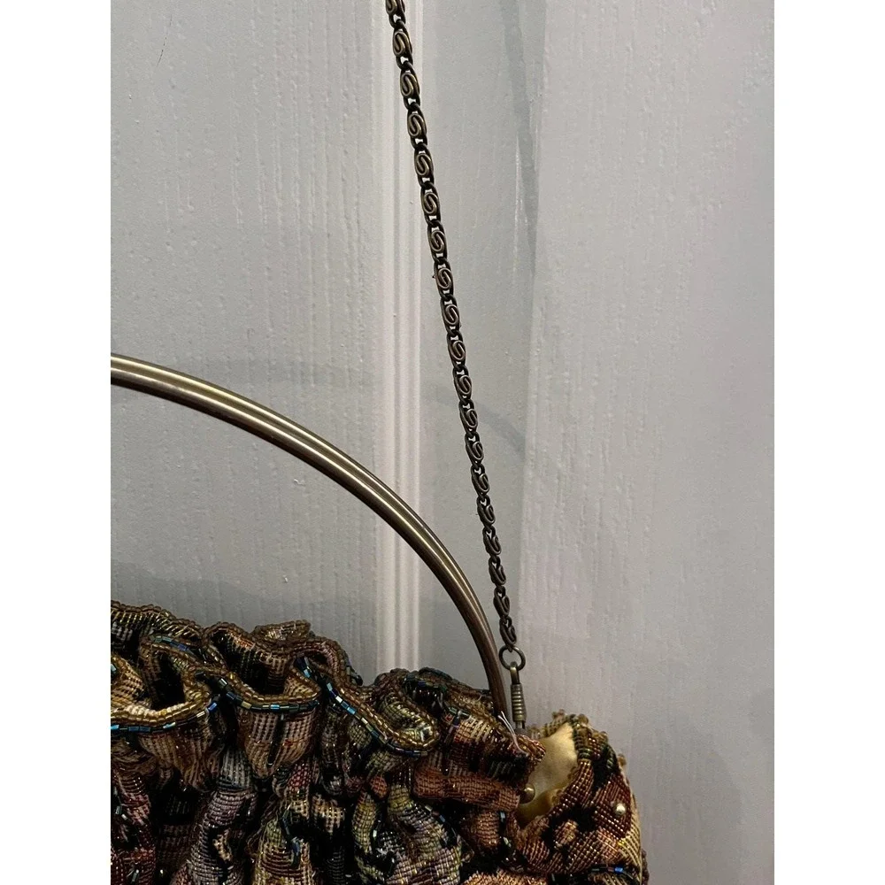 Vintage Floral Tapestry Kiss Lock Handbag Gold Beaded Chain Evening Purse OS